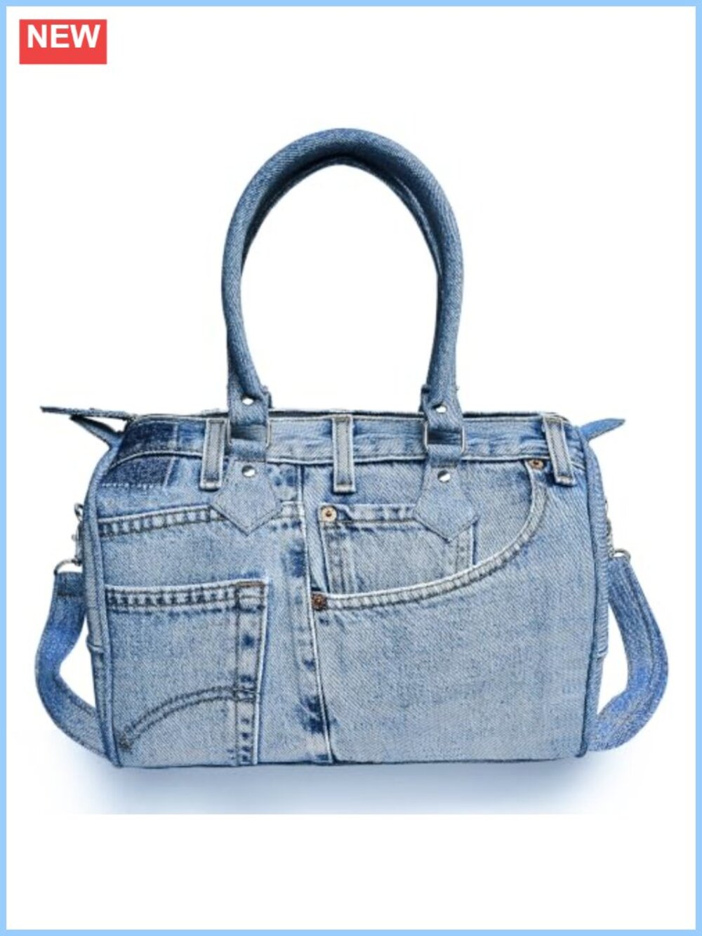 Upcycled Large Denim Handbag with Top Handles and Adjustable Strap
